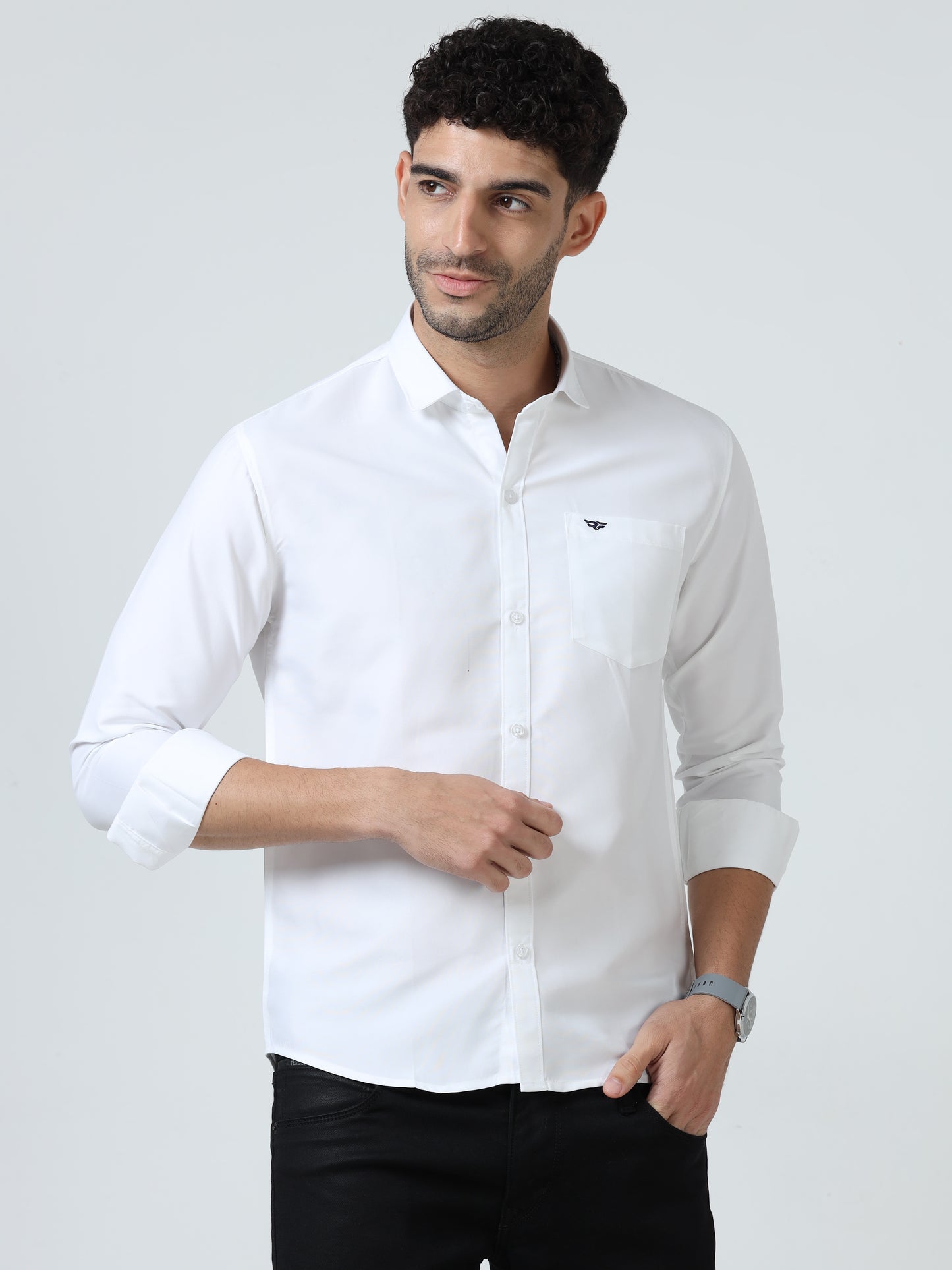 Cotton Spread Collar Shirt - White