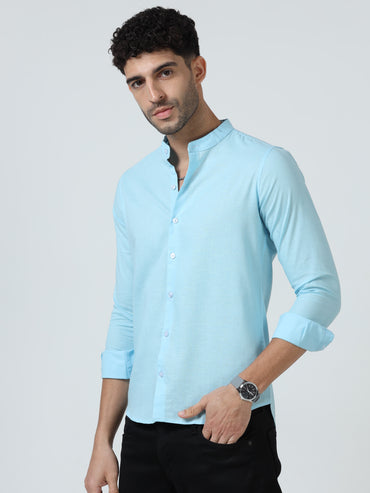 Cotton Chinese Collar Shirt - Light Blue