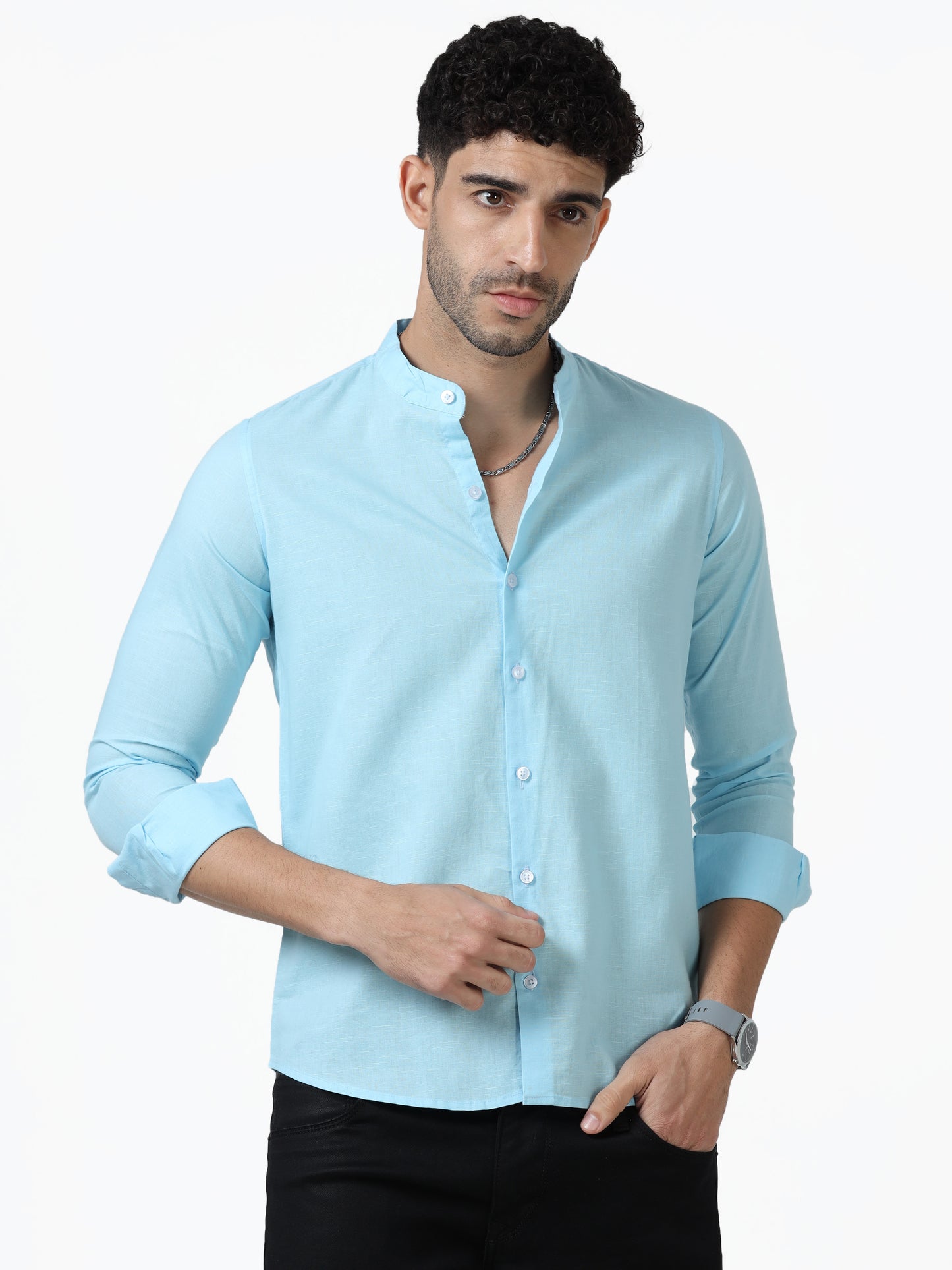 Cotton Chinese Collar Shirt - Light Blue