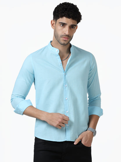 Cotton Chinese Collar Shirt - Light Blue