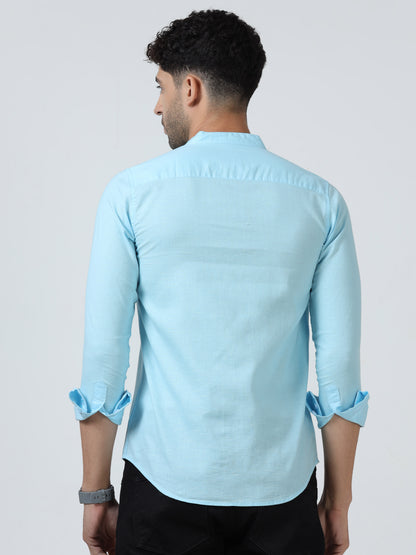 Cotton Chinese Collar Shirt - Light Blue
