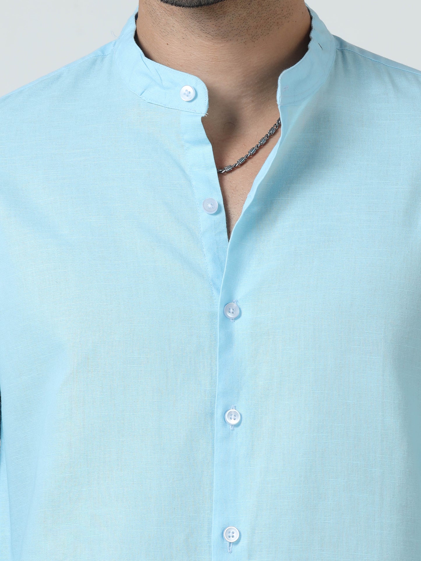 Cotton Chinese Collar Shirt - Light Blue