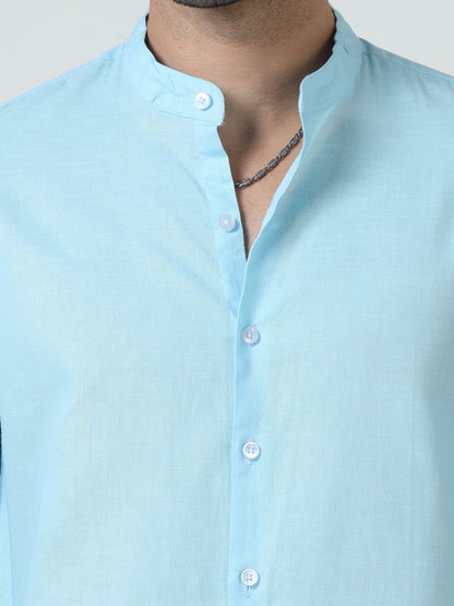 Cotton Chinese Collar Shirt - Light Blue