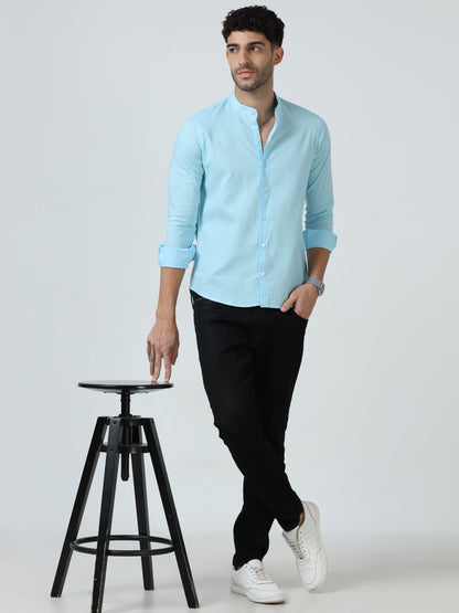 Cotton Chinese Collar Shirt - Light Blue