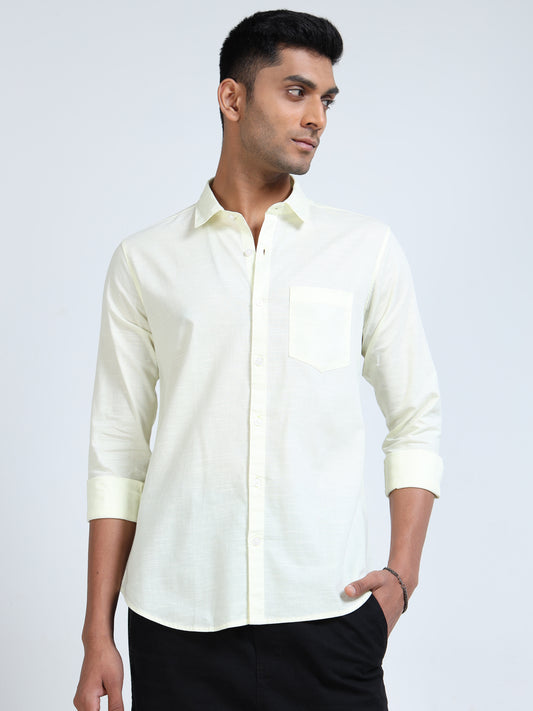 Men’s Classic Light Yellow Linen Regular Collar Shirt – Lightweight Premium Summer Casual & Smart Style