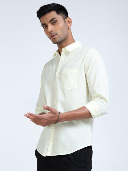 Men’s Classic Light Yellow Linen Regular Collar Shirt – Lightweight Premium Summer Casual & Smart Style