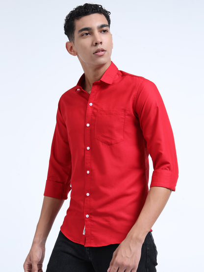 Men's Cotton Full Sleeve Regular Fit Casual Solid Shirt with Spread Collar-Red