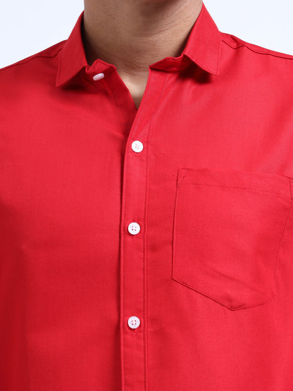 Men's Cotton Full Sleeve Regular Fit Casual Solid Shirt with Spread Collar-Red