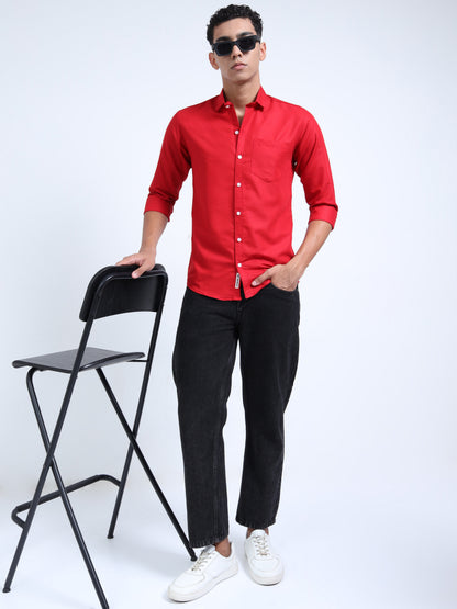 Men's Cotton Full Sleeve Regular Fit Casual Solid Shirt with Spread Collar-Red
