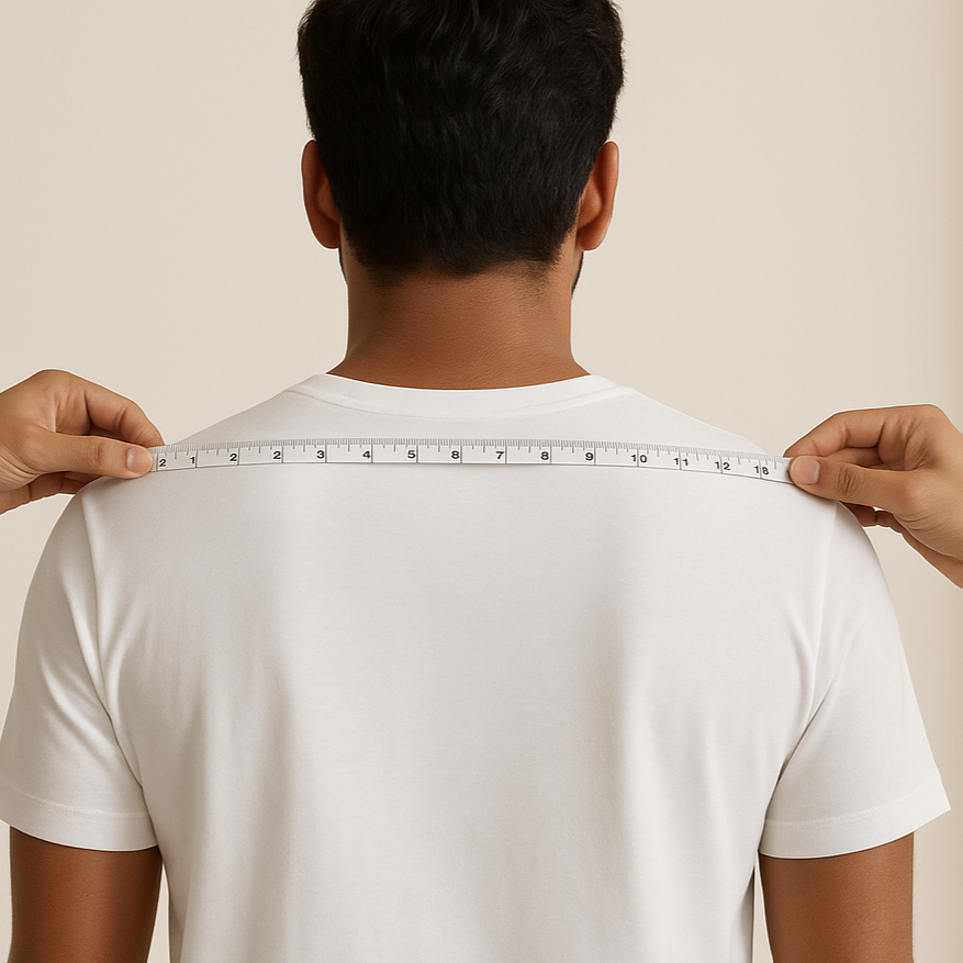 Person measuring shoulder width with a tape measure on a plain background