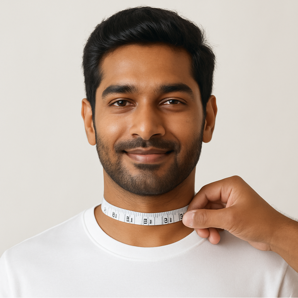 Man having his neck measured with a tape measure against a plain background, featuring the brand 'KESERIO'.