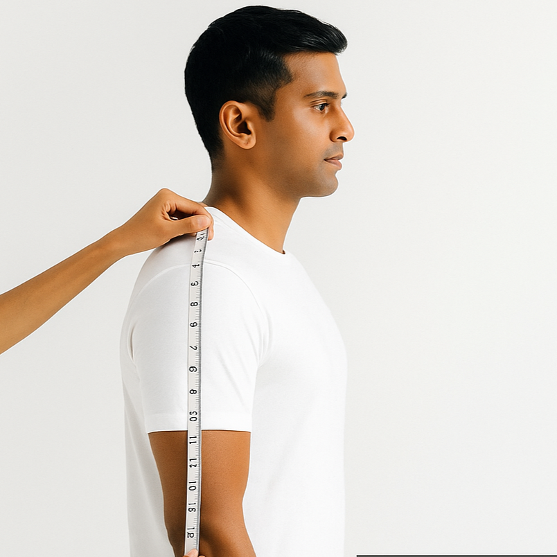 Person measuring sleeve length on a man wearing a white t-shirt with text about measuring for perfect fit.