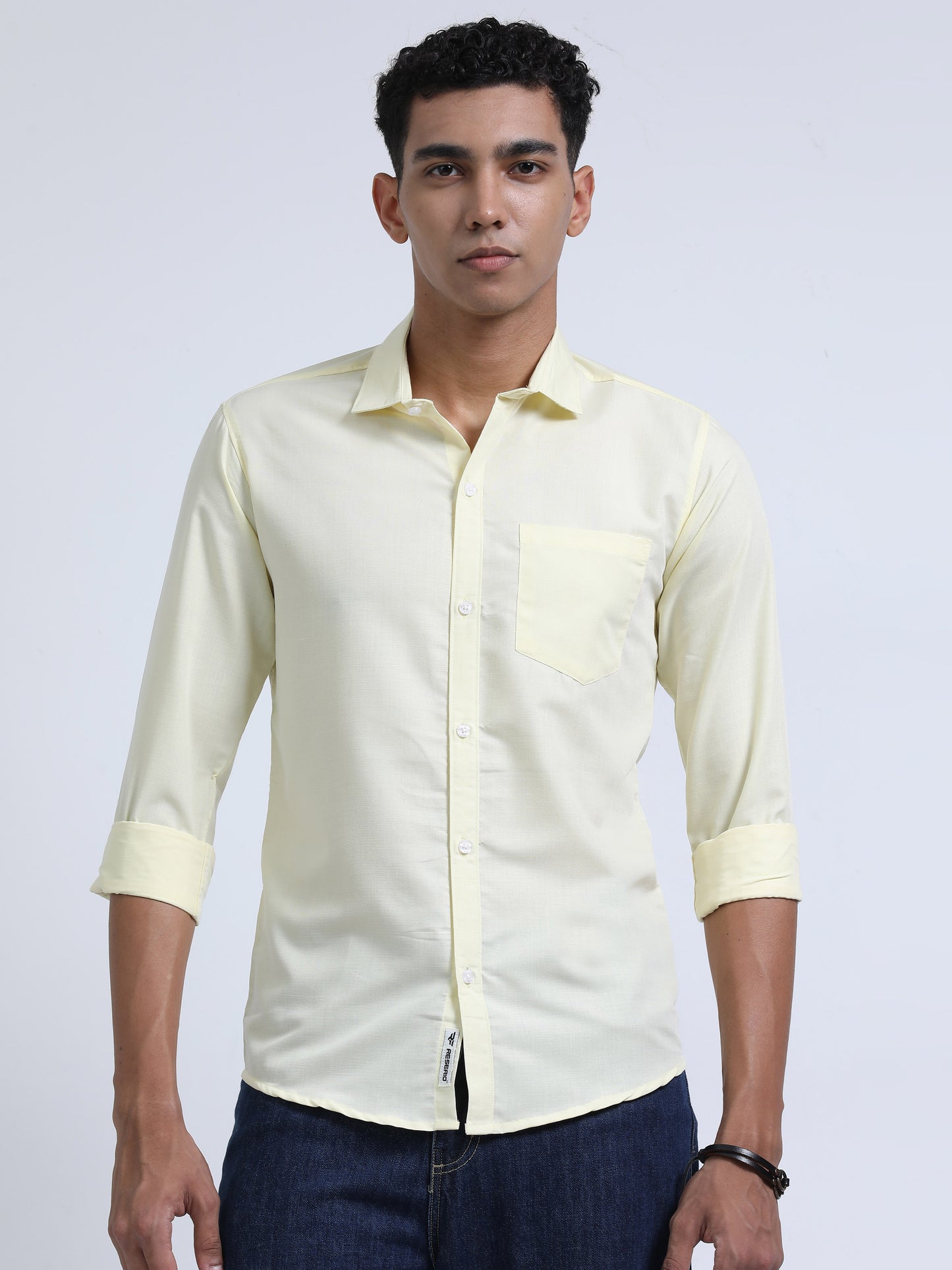 Men's Cotton Full Sleeve Regular Fit Casual Solid Shirt with Spread Collar-Lemon Yellow