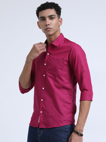 Men's Cotton Full Sleeve Regular Fit Casual Solid Shirt with Spread Collar-Rani Pink