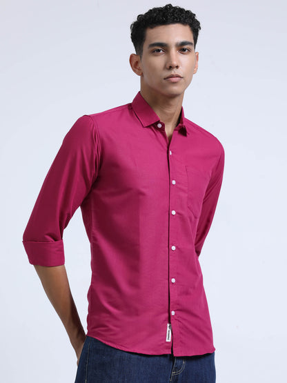 Men's Cotton Full Sleeve Regular Fit Casual Solid Shirt with Spread Collar-Rani Pink