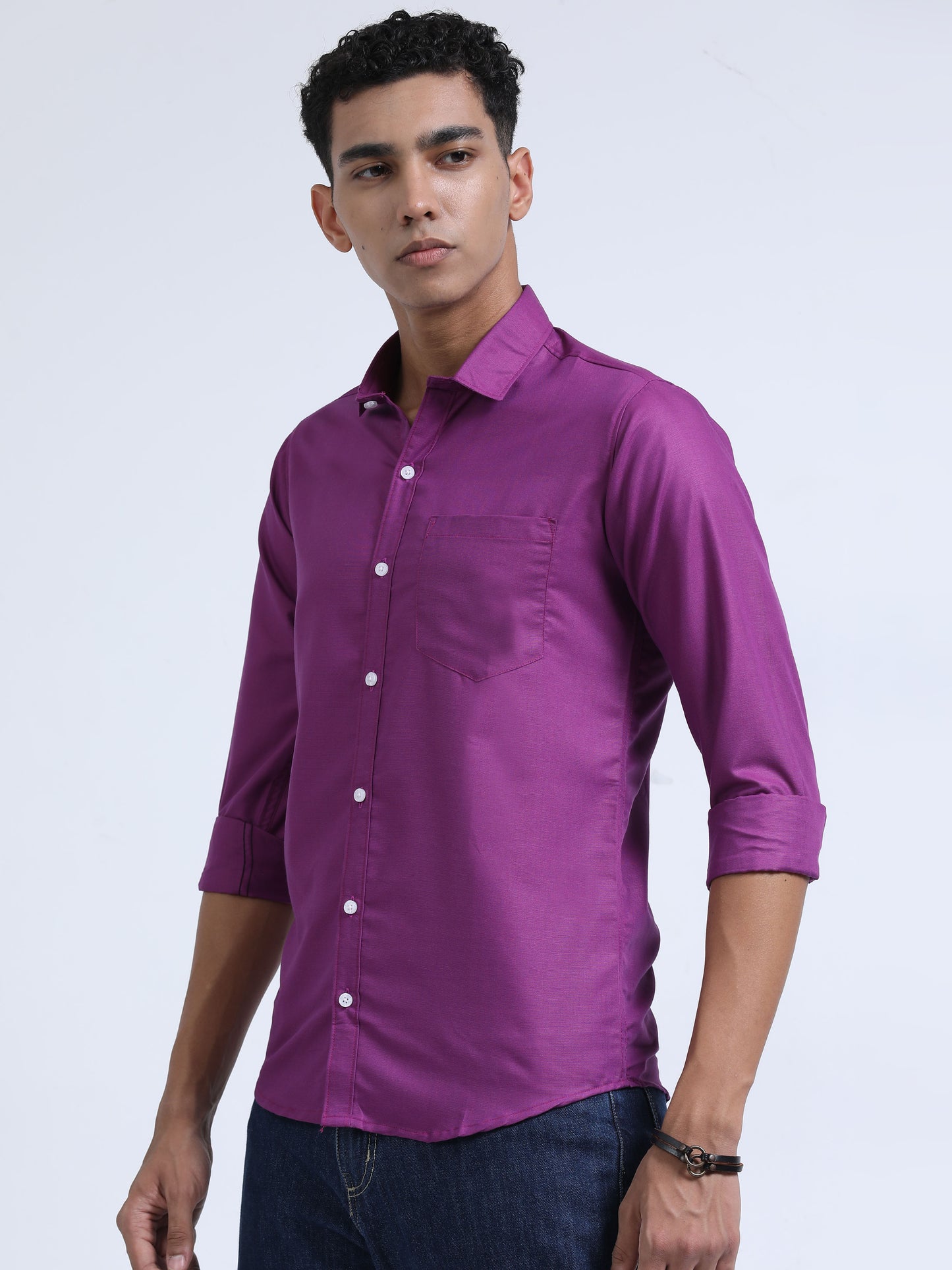 Men's Cotton Full Sleeve Regular Fit Casual Solid Shirt with Spread Collar-Deep Magenta