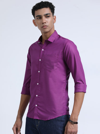 Men's Cotton Full Sleeve Regular Fit Casual Solid Shirt with Spread Collar-Deep Magenta