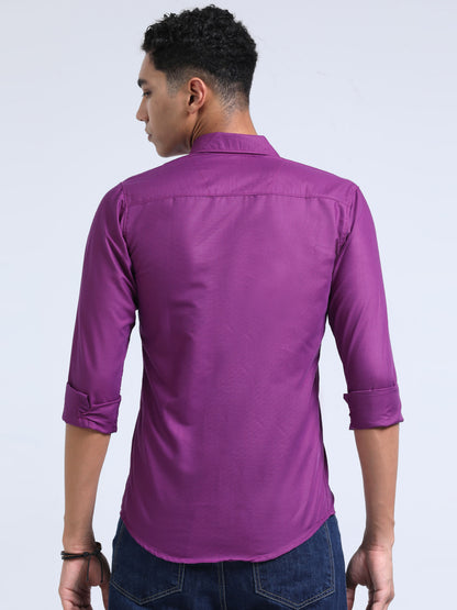 Men's Cotton Full Sleeve Regular Fit Casual Solid Shirt with Spread Collar-Deep Magenta