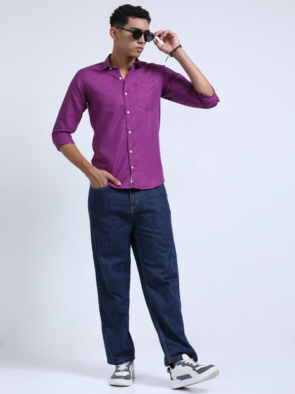 Men's Cotton Full Sleeve Regular Fit Casual Solid Shirt with Spread Collar-Deep Magenta