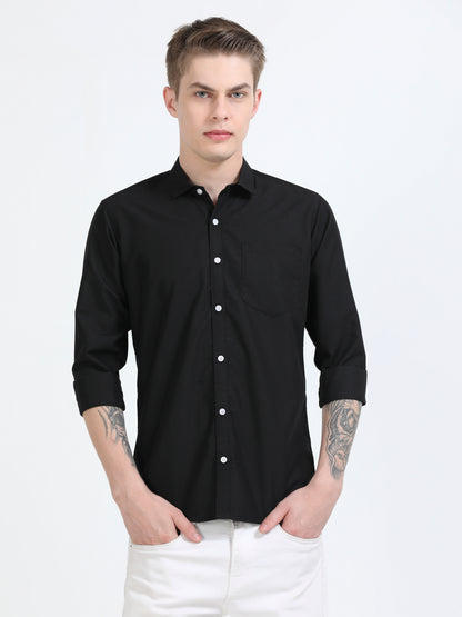 Men's Cotton Full Sleeve Regular Fit Casual Solid Shirt with Spread Collar-Black