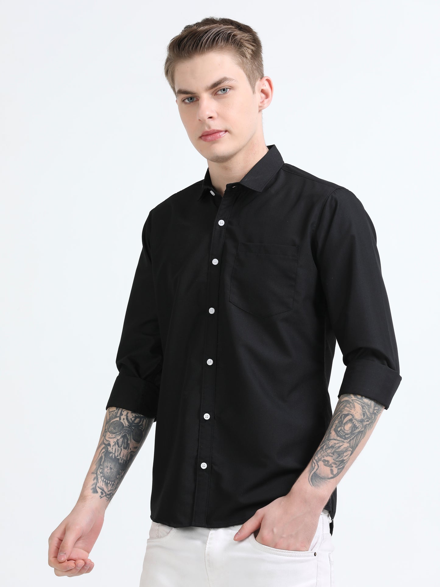 Men's Cotton Full Sleeve Regular Fit Casual Solid Shirt with Spread Collar-Black