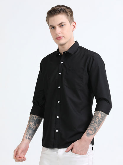 Men's Cotton Full Sleeve Regular Fit Casual Solid Shirt with Spread Collar-Black