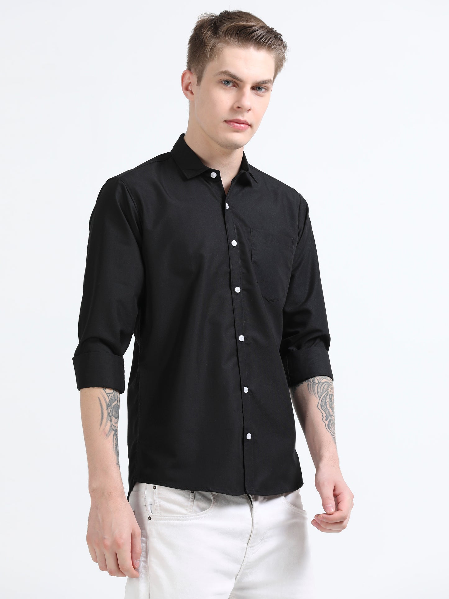 Men's Cotton Full Sleeve Regular Fit Casual Solid Shirt with Spread Collar-Black