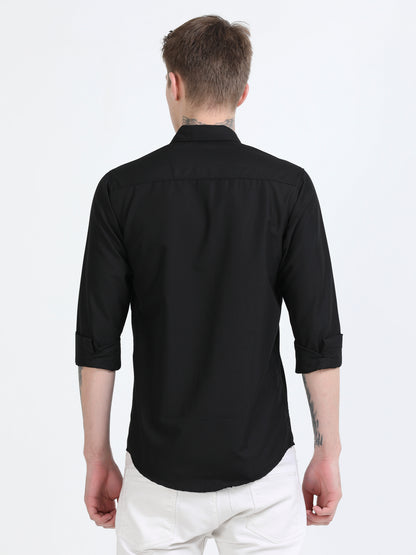 Men's Cotton Full Sleeve Regular Fit Casual Solid Shirt with Spread Collar-Black