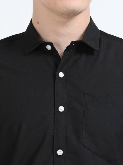 Men's Cotton Full Sleeve Regular Fit Casual Solid Shirt with Spread Collar-Black