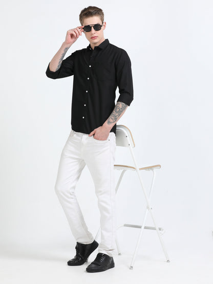 Men's Cotton Full Sleeve Regular Fit Casual Solid Shirt with Spread Collar-Black