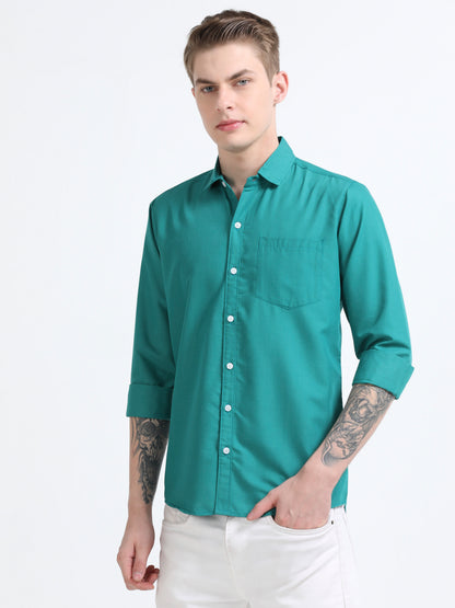 Men's Cotton Full Sleeve Regular Fit Casual Solid Shirt with Spread Collar-Tournment Blue