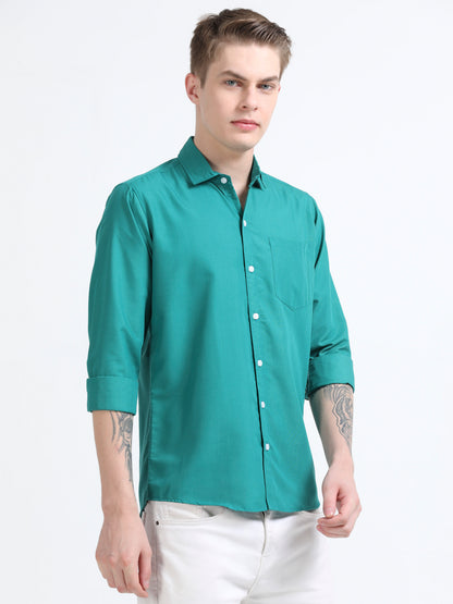 Men's Cotton Full Sleeve Regular Fit Casual Solid Shirt with Spread Collar-Tournment Blue