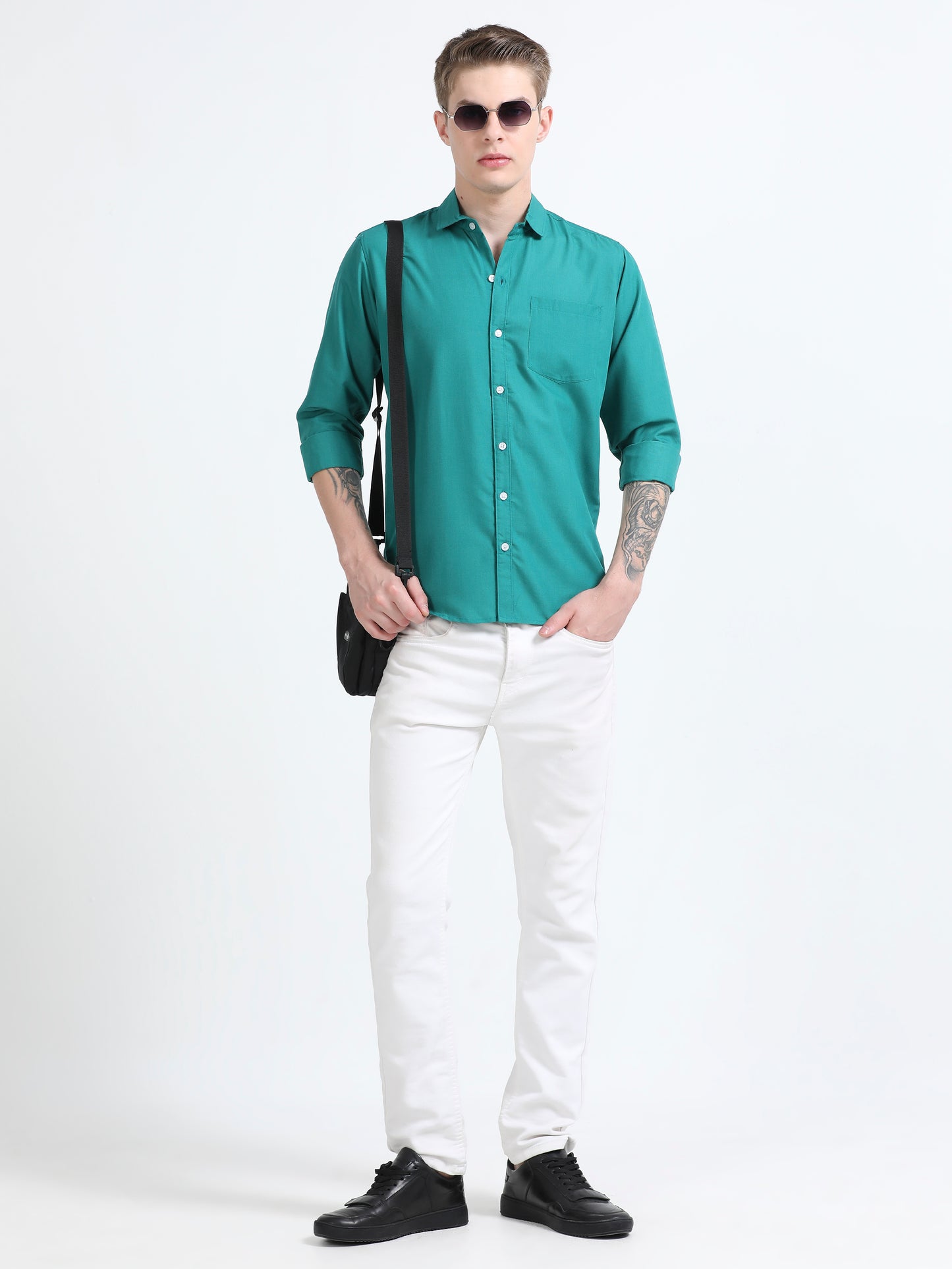 Men's Cotton Full Sleeve Regular Fit Casual Solid Shirt with Spread Collar-Tournment Blue