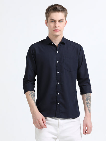 Men's Cotton Full Sleeve Regular Fit Casual Solid Shirt with Spread Collar-Navy Blue