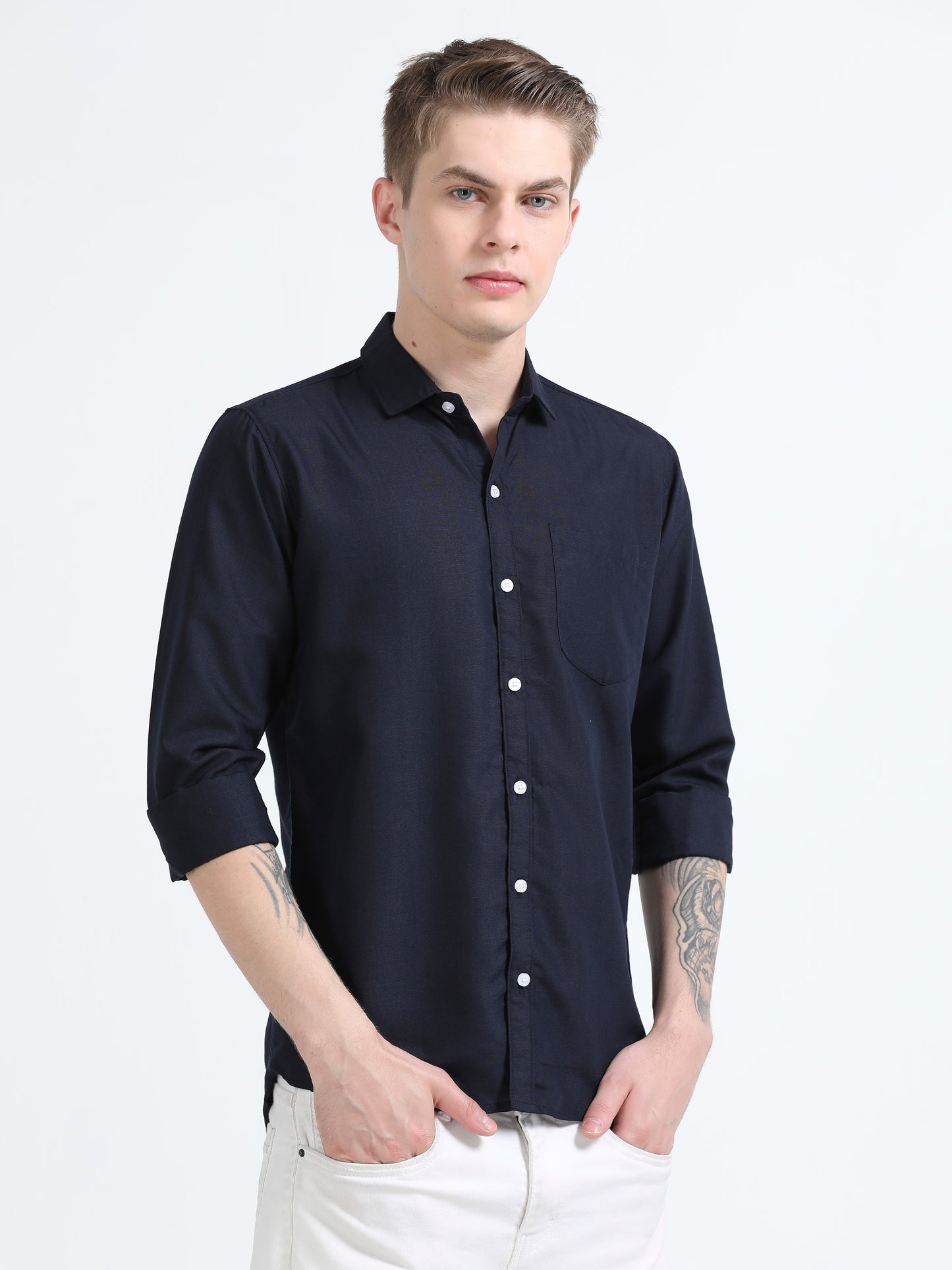 Men's Cotton Full Sleeve Regular Fit Casual Solid Shirt with Spread Collar-Navy Blue