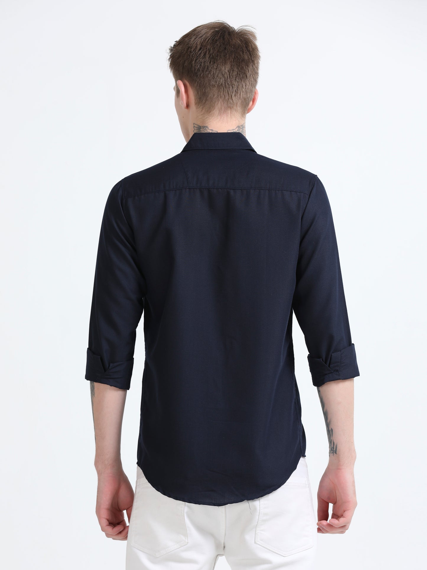 Men's Cotton Full Sleeve Regular Fit Casual Solid Shirt with Spread Collar-Navy Blue