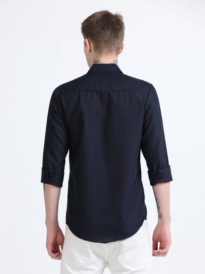 Men's Cotton Full Sleeve Regular Fit Casual Solid Shirt with Spread Collar-Navy Blue