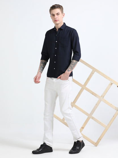 Men's Cotton Full Sleeve Regular Fit Casual Solid Shirt with Spread Collar-Navy Blue