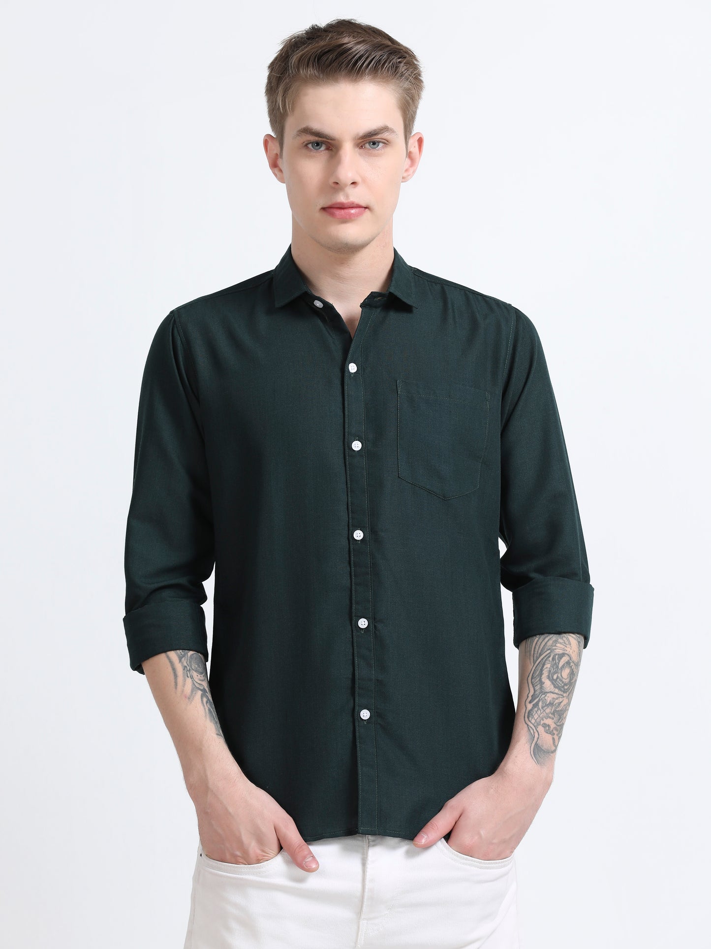 Men's Cotton Full Sleeve Regular Fit Casual Solid Shirt with Spread Collar-Bottle Green