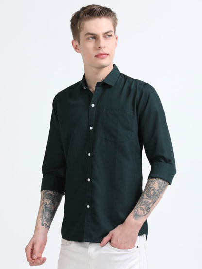 Men's Cotton Full Sleeve Regular Fit Casual Solid Shirt with Spread Collar-Bottle Green