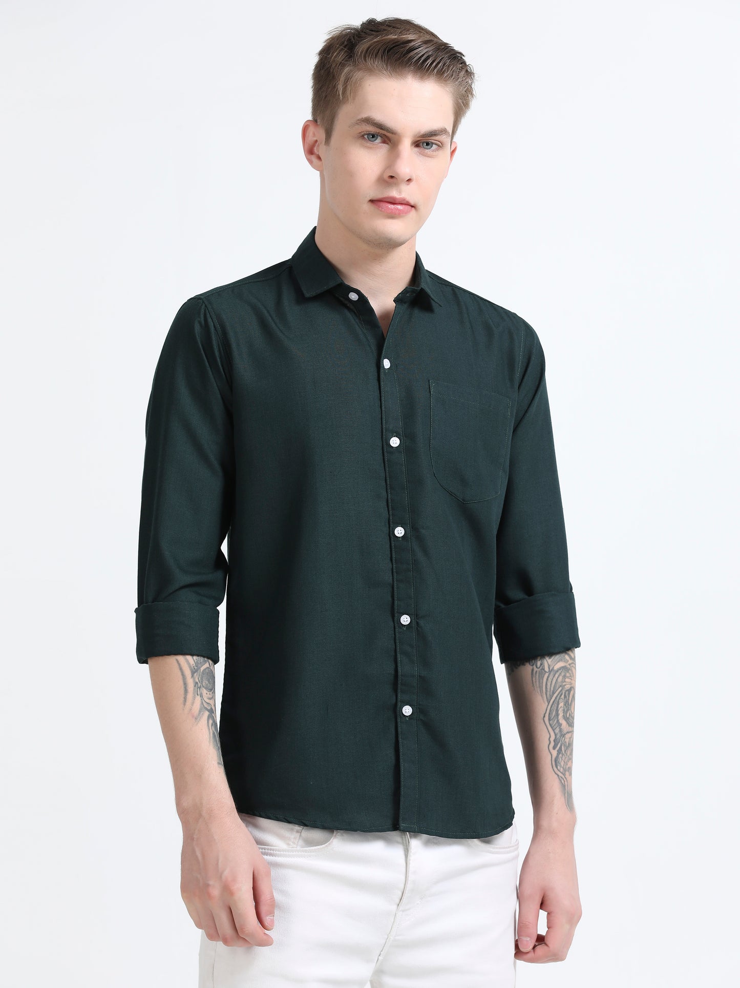 Men's Cotton Full Sleeve Regular Fit Casual Solid Shirt with Spread Collar-Bottle Green