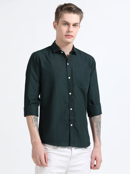 Men's Cotton Full Sleeve Regular Fit Casual Solid Shirt with Spread Collar-Bottle Green