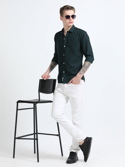 Men's Cotton Full Sleeve Regular Fit Casual Solid Shirt with Spread Collar-Bottle Green
