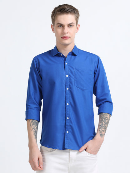 Men's Cotton Full Sleeve Regular Fit Casual Solid Shirt with Spread Collar-Dark Blue