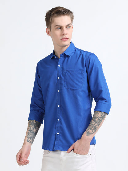 Men's Cotton Full Sleeve Regular Fit Casual Solid Shirt with Spread Collar-Dark Blue