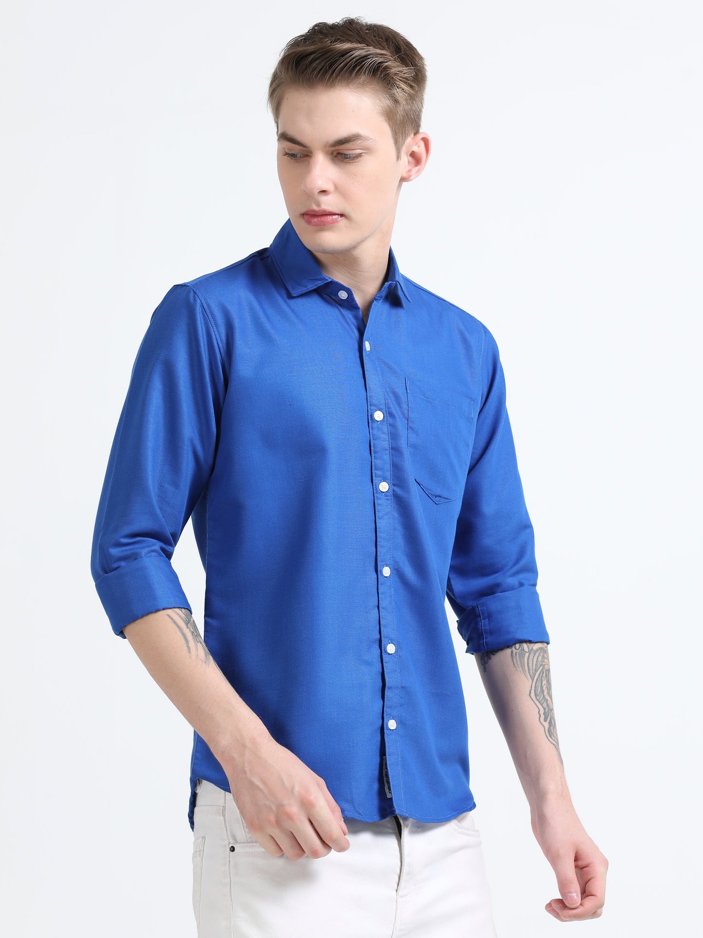 Men's Cotton Full Sleeve Regular Fit Casual Solid Shirt with Spread Collar-Dark Blue