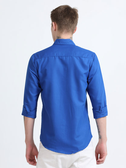 Men's Cotton Full Sleeve Regular Fit Casual Solid Shirt with Spread Collar-Dark Blue
