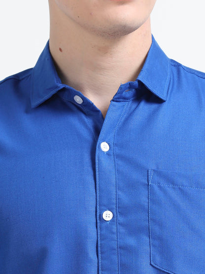 Men's Cotton Full Sleeve Regular Fit Casual Solid Shirt with Spread Collar-Dark Blue