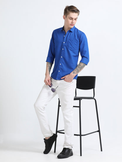 Men's Cotton Full Sleeve Regular Fit Casual Solid Shirt with Spread Collar-Dark Blue