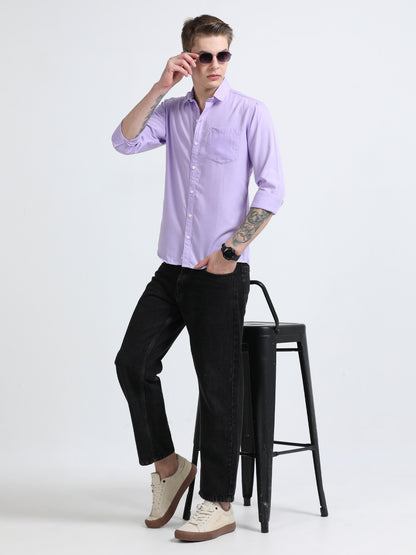 Men's Cotton Full Sleeve Regular Fit Casual Solid Shirt with Spread Collar-Purple